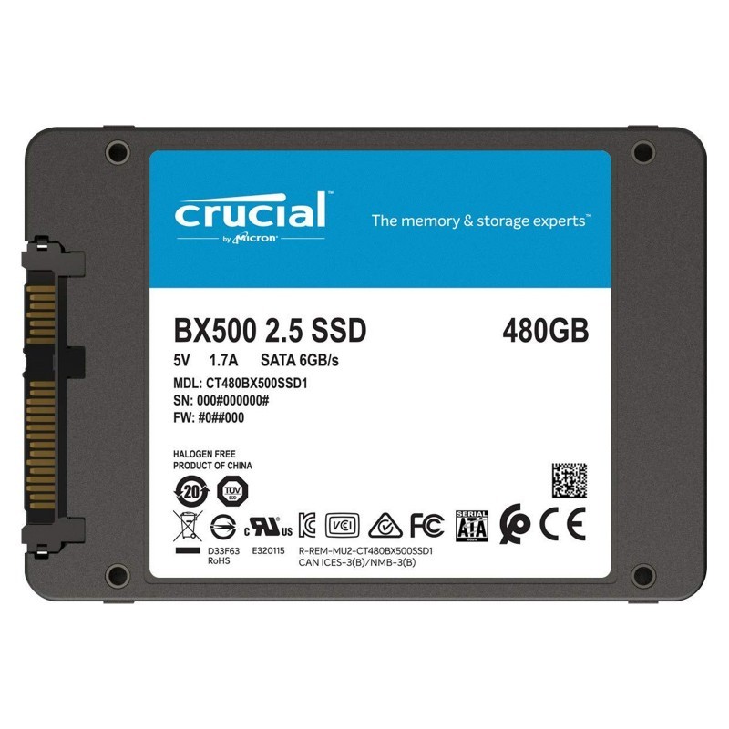 SSD CRUCIAL 480GB BX500 2.5" SATA3 READ:540MB/S-WRITE:500MB/S CT480BX500SSD1 SSD CRUCIAL 480GB BX500 2.5" SATA3 READ:540MB/S-WRITE:500MB/S CT480BX500SSD1