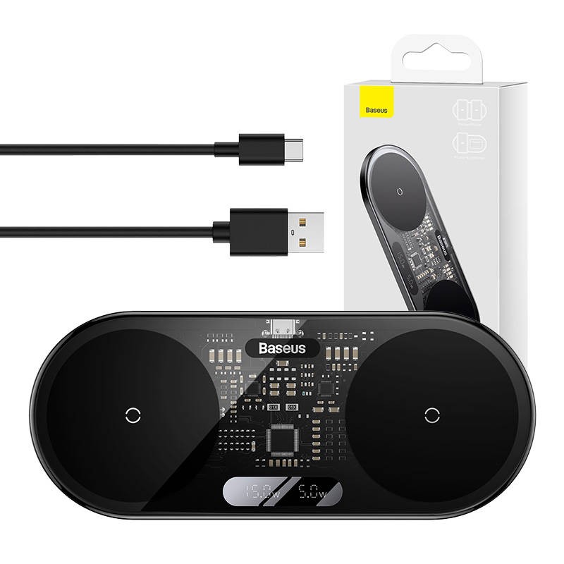 Ricarica wireless doppia Qi wireless charger Baseus con Display led 20W Nero Ricarica wireless doppia Qi wireless charger Baseus con Display led 20W Nero