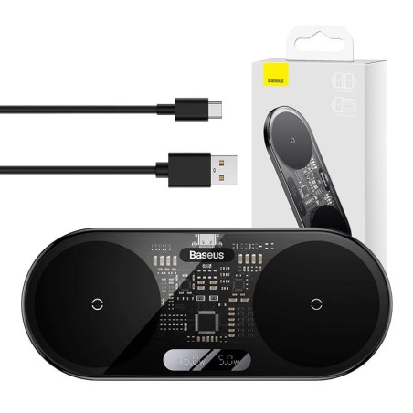 Ricarica wireless doppia Qi wireless charger Baseus con Display led 20W Nero