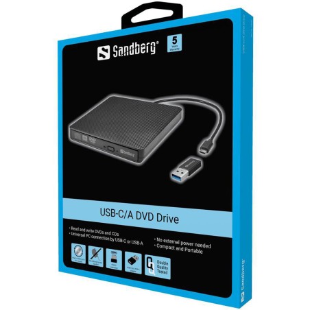 Masterizzatore DVD Esterno USB-C USB-A Sandberg Lettore CD DVD Slim per PC Mac