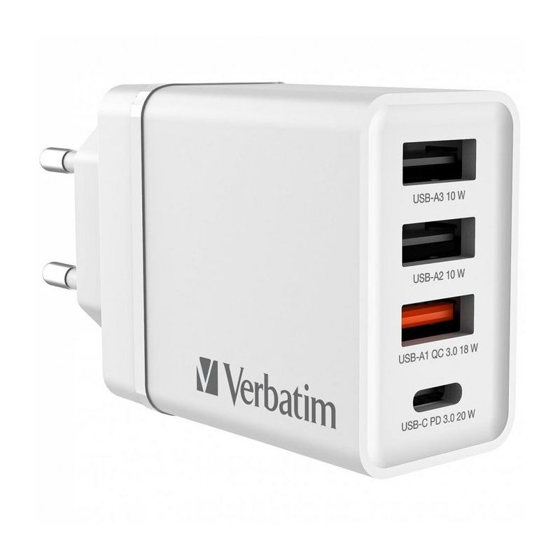 Caricatore Verbatim 30W 4Porte USB-C PD + USB-A QC 3.0 Spina EU Nero Caricatore Verbatim 30W 4Porte USB-C PD + USB-A QC 3.0 Spina EU Nero