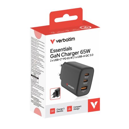Alimentatore Notebook USB-C 65W GaN Verbatim 2xPD + USB-A QC 3.0
