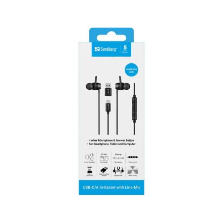 Auricolari In-Ear USB-C USB-A Microfono Controllo Volume Neri Sandberg